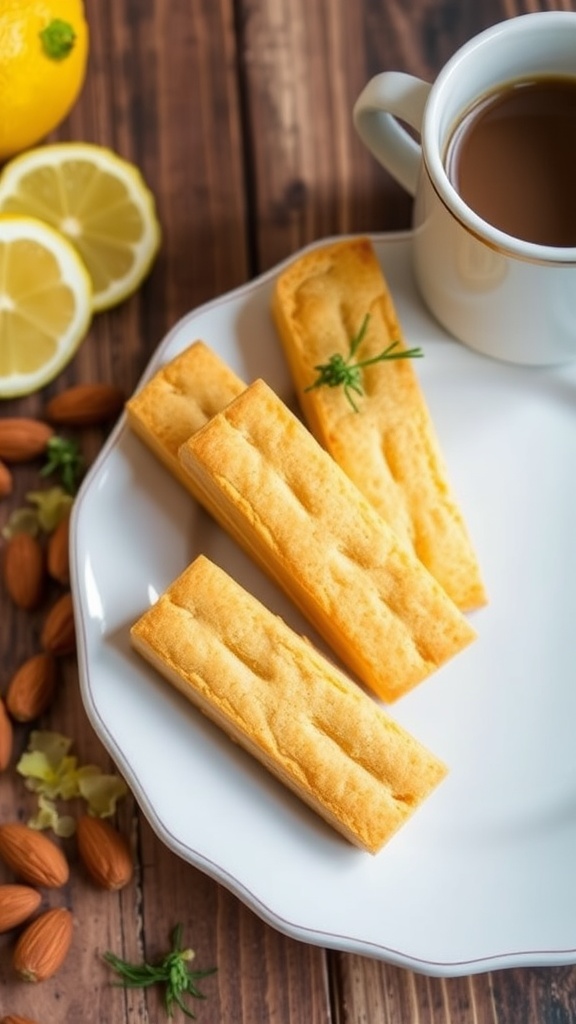Crispy Lemon Almond Biscotti Recipe Crispy lemon almond biscotti on a plate with lemon zest and almonds, served with a cup of coffee.
